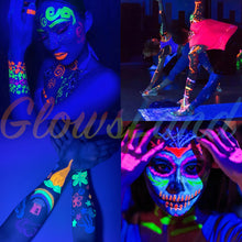 Load image into Gallery viewer, UV-Schwarzlicht-reaktives Neon-Make-up, leuchtende Gesichts- und Körperbemalung, Neon-Lidschatten auf Wasserbasis, fluoreszierende 8-Farben-Pigmentpalette, geeignet für Schwarzlichtpartys