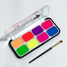 Load image into Gallery viewer, UV-Schwarzlicht-reaktives Neon-Make-up, leuchtende Gesichts- und Körperbemalung, Neon-Lidschatten auf Wasserbasis, fluoreszierende 8-Farben-Pigmentpalette, geeignet für Schwarzlichtpartys