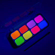 Load image into Gallery viewer, UV-Schwarzlicht-reaktives Neon-Make-up, leuchtende Gesichts- und Körperbemalung, Neon-Lidschatten auf Wasserbasis, fluoreszierende 8-Farben-Pigmentpalette, geeignet für Schwarzlichtpartys